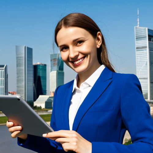 **

A confident businesswoman in a modern, fully clothed power suit, standing in front of the Warsaw skyline during the day. The lighting is bright and professional. She is holding a tablet and smiling slightly. Safe for work, appropriate content, perfect anatomy, correct proportions, natural pose, professional, well-formed hands, proper finger count, natural body proportions, fully clothed, modest attire.

**