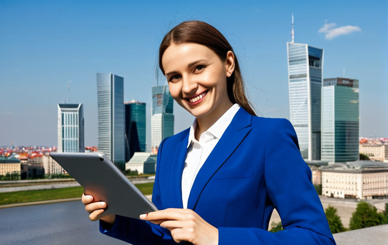 **

A confident businesswoman in a modern, fully clothed power suit, standing in front of the Warsaw skyline during the day. The lighting is bright and professional. She is holding a tablet and smiling slightly. Safe for work, appropriate content, perfect anatomy, correct proportions, natural pose, professional, well-formed hands, proper finger count, natural body proportions, fully clothed, modest attire.

**