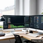 CSS 아키텍처 패턴의 역사 - A modern web developer&rsquo;s workspace with multiple large monitors displaying modular CSS code files op...