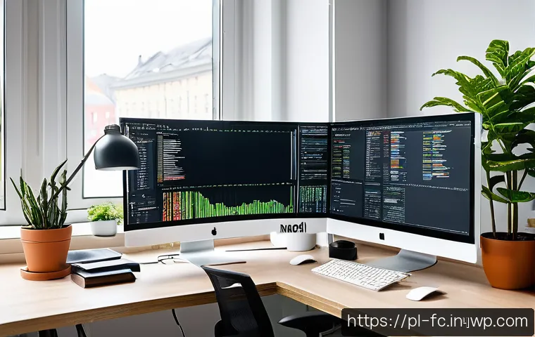 CSS 아키텍처 패턴의 역사 - A modern web developer’s workspace with multiple large monitors displaying modular CSS code files op...