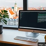 CSS 아키텍처 패턴의 미래 전망 - A modern, sleek workspace featuring a large widescreen monitor displaying modular CSS code split int...