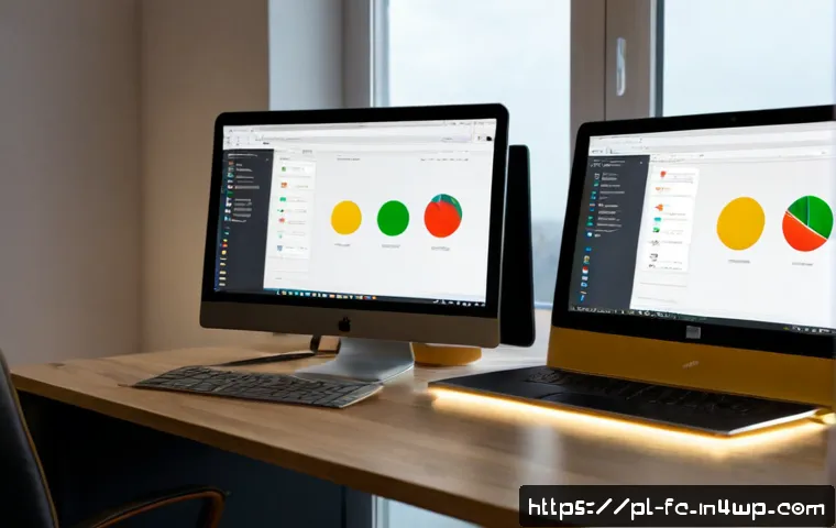 Home 15 Atomic CSS의 성능 분석 - Photorealistic Polish software developer in a modern Warsaw home office, comparing two sleek laptop ...